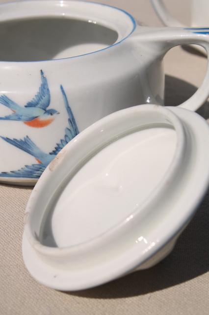 photo of antique Buffalo china w/ bluebirds, vintage blue bird creamer & sugar set #10