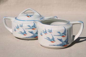 catalog photo of antique Buffalo china w/ bluebirds, vintage blue bird creamer & sugar set