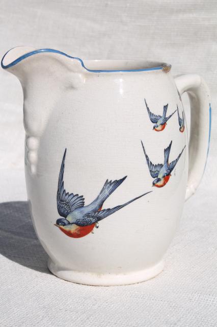 photo of antique Buffalo china w/ bluebirds, vintage blue bird pitcher or milk jug #1