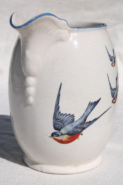 photo of antique Buffalo china w/ bluebirds, vintage blue bird pitcher or milk jug #3