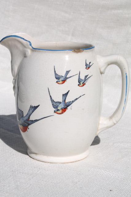 photo of antique Buffalo china w/ bluebirds, vintage blue bird pitcher or milk jug #4