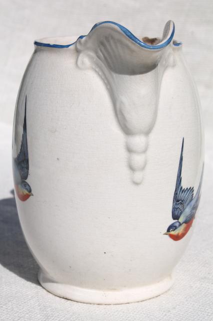 photo of antique Buffalo china w/ bluebirds, vintage blue bird pitcher or milk jug #8