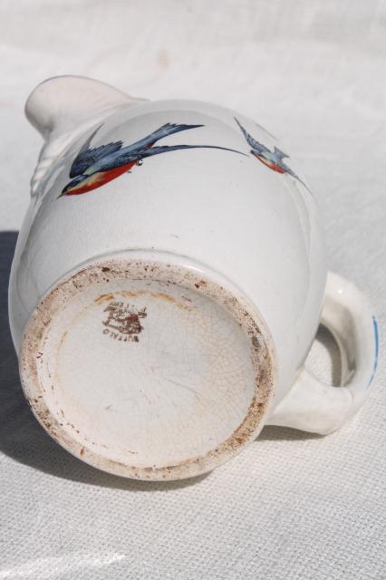 photo of antique Buffalo china w/ bluebirds, vintage blue bird pitcher or milk jug #11