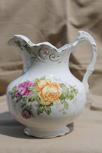 photo of antique Buffalo china pitcher, large wash pitcher or jug w/ cabbage roses #1