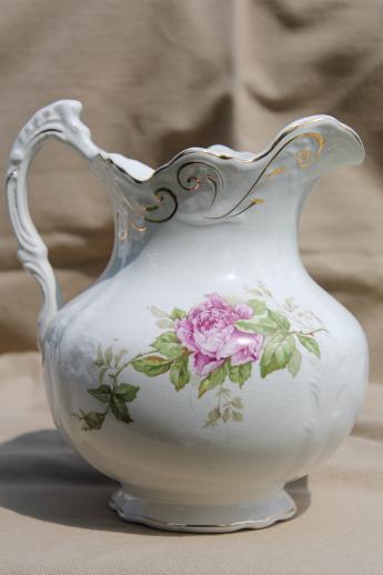 photo of antique Buffalo china pitcher, large wash pitcher or jug w/ cabbage roses #3