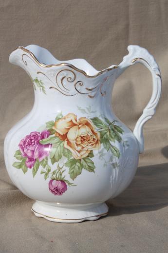 photo of antique Buffalo china pitcher, large wash pitcher or jug w/ cabbage roses #1