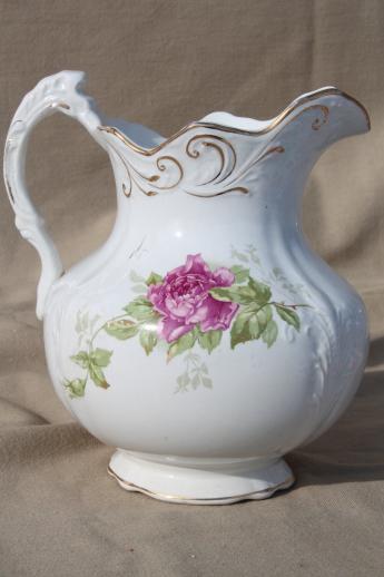 photo of antique Buffalo china pitcher, large wash pitcher or jug w/ cabbage roses #3