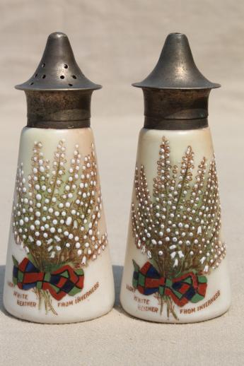 photo of antique Carlton ware china shakers, Scots tartan & sprig of lucky white heather #1