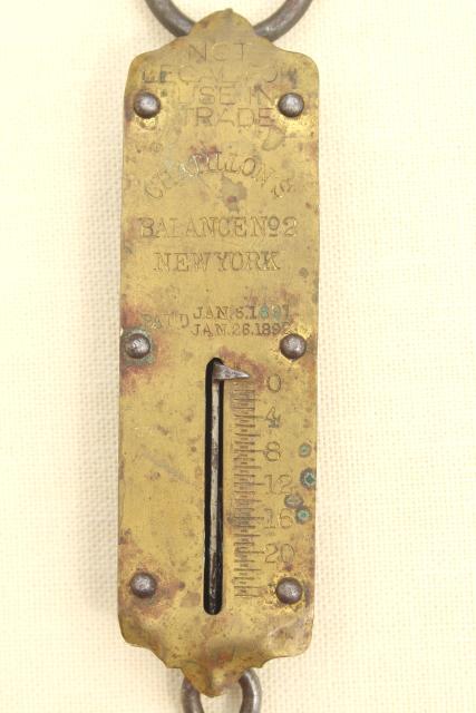 photo of antique Chatillon brass hanging scale, 20 lb spring scale w/ 1800s patent dates #2