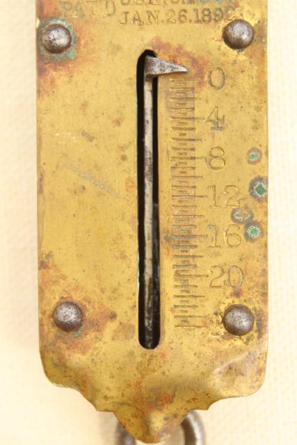 photo of antique Chatillon brass hanging scale, 20 lb spring scale w/ 1800s patent dates #4