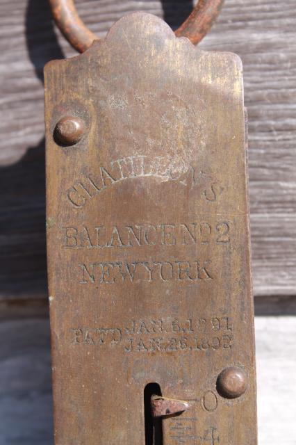 photo of antique Chatillon brass scales, 25 lb & 50 lb hanging scale 1800s patent dates #8