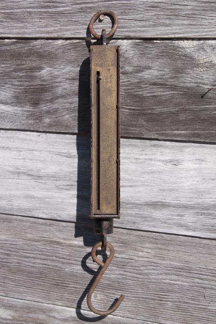 photo of antique Chatillon brass scales, 25 lb & 50 lb hanging scale 1800s patent dates #11