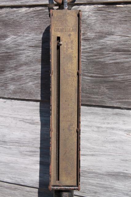 photo of antique Chatillon brass scales, 25 lb & 50 lb hanging scale 1800s patent dates #12