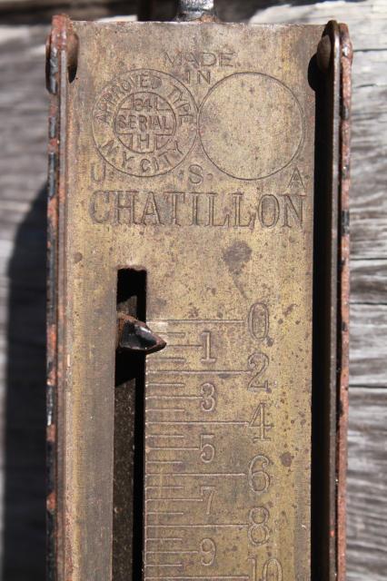 photo of antique Chatillon brass scales, 25 lb & 50 lb hanging scale 1800s patent dates #13