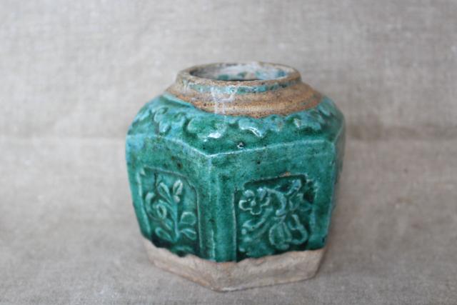 photo of antique Chinese pottery ginger jar, small six sided pot w/ green glaze #1