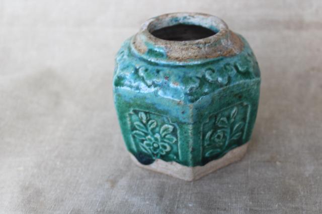 photo of antique Chinese pottery ginger jar, small six sided pot w/ green glaze #4