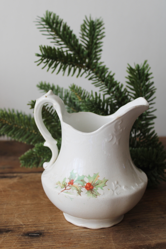 photo of antique Christmas holly china cream pitcher, shabby crazed stained white china jug  #1