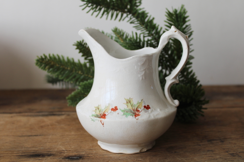 photo of antique Christmas holly china cream pitcher, shabby crazed stained white china jug  #2