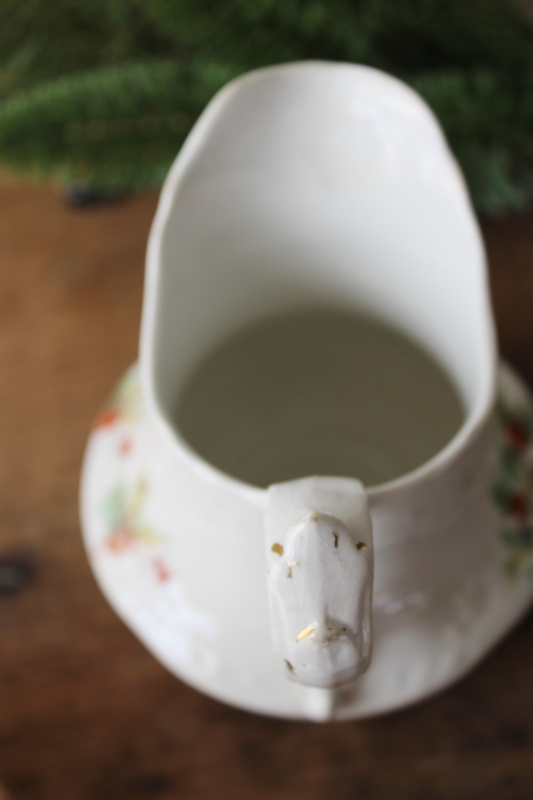 photo of antique Christmas holly china cream pitcher, shabby crazed stained white china jug  #4