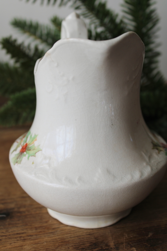 photo of antique Christmas holly china cream pitcher, shabby crazed stained white china jug  #5