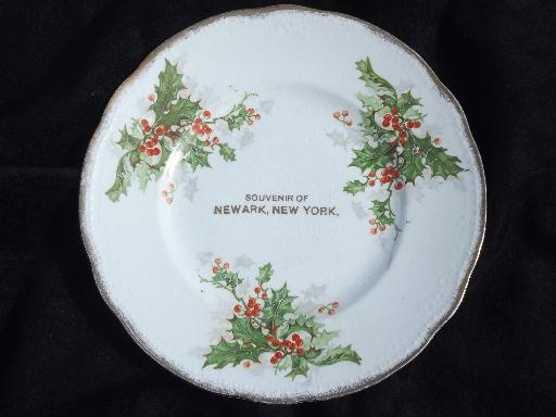 photo of antique Christmas holly china plates, hand-painted Germany and souvenir #2