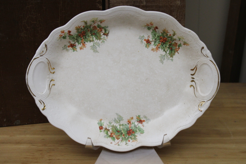 photo of antique Christmas platter, Dixie holly shabby white ironstone china early 1900s vintage #1