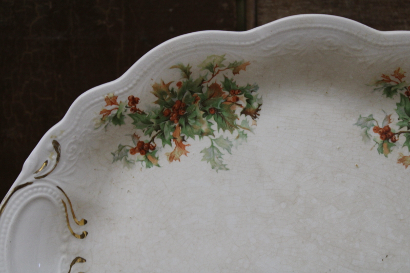 photo of antique Christmas platter, Dixie holly shabby white ironstone china early 1900s vintage #2