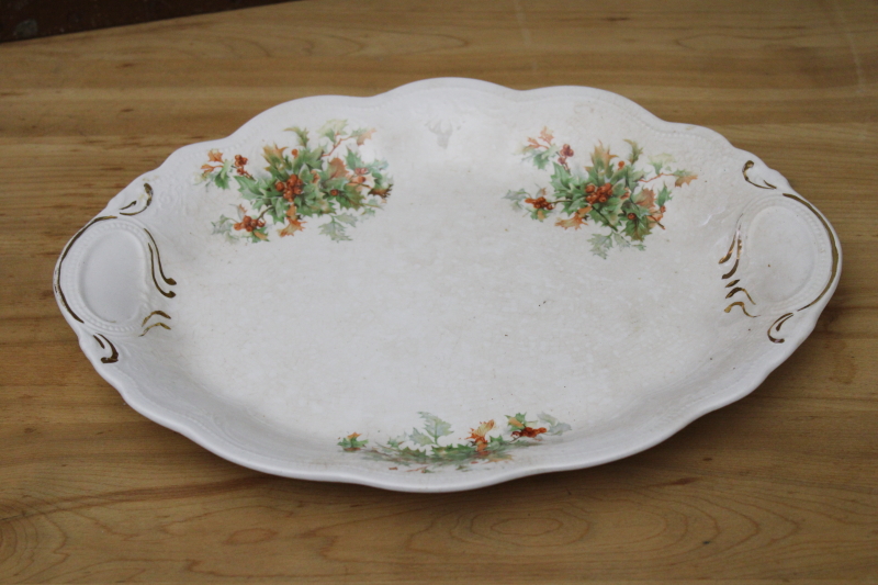 photo of antique Christmas platter, Dixie holly shabby white ironstone china early 1900s vintage #3