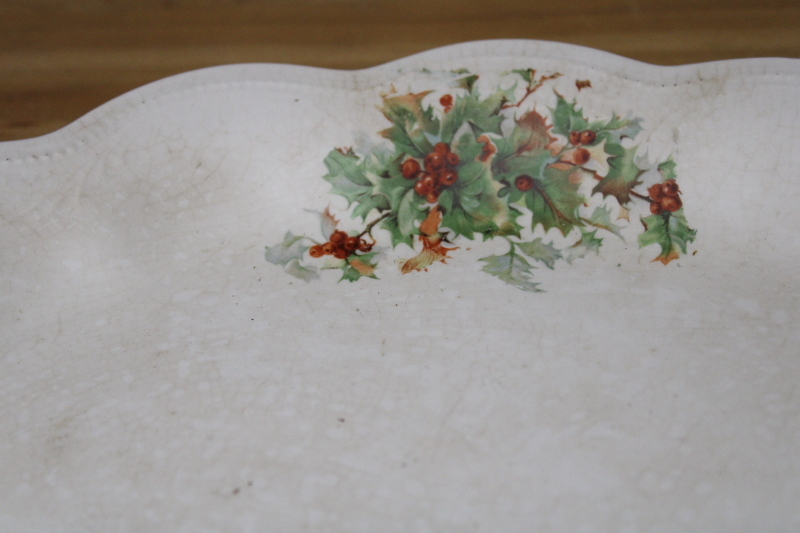 photo of antique Christmas platter, Dixie holly shabby white ironstone china early 1900s vintage #4