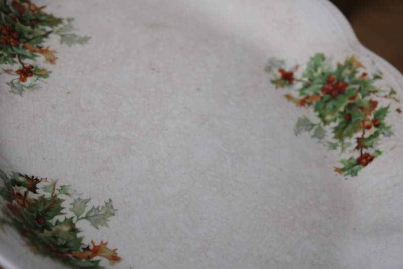 photo of antique Christmas platter, Dixie holly shabby white ironstone china early 1900s vintage #5