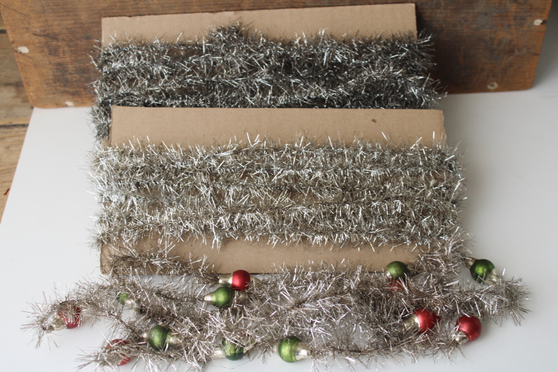photo of antique Christmas tinsel garland with glass beads, early 1900s vintage feather tree decorations  #1