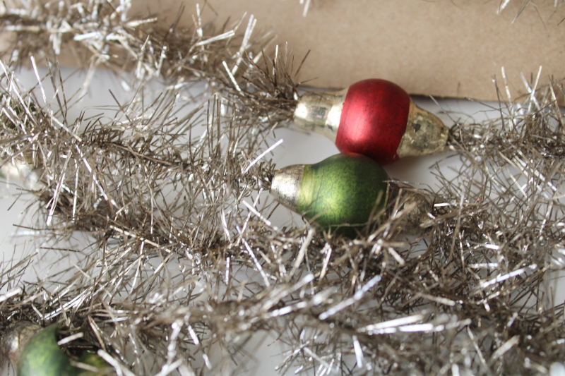 photo of antique Christmas tinsel garland with glass beads, early 1900s vintage feather tree decorations  #2
