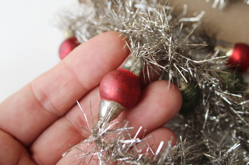 photo of antique Christmas tinsel garland with glass beads, early 1900s vintage feather tree decorations  #3