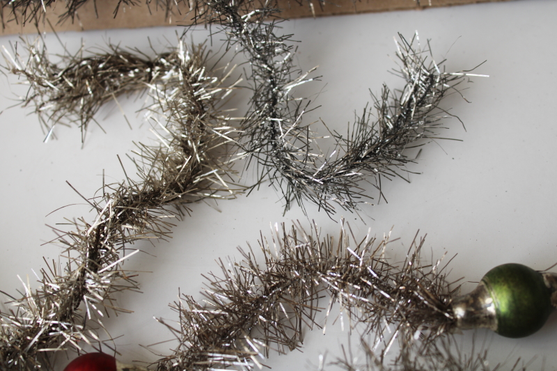 photo of antique Christmas tinsel garland with glass beads, early 1900s vintage feather tree decorations  #4