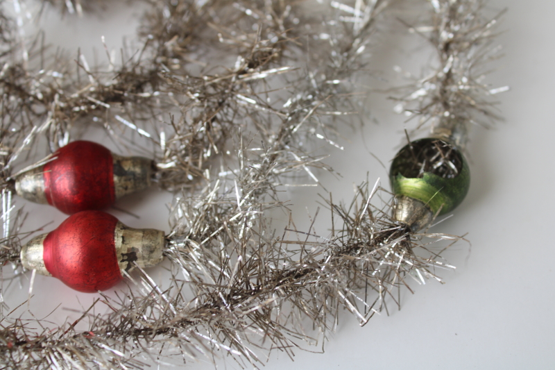 photo of antique Christmas tinsel garland with glass beads, early 1900s vintage feather tree decorations  #7