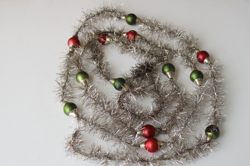 photo of antique Christmas tinsel garland with glass beads, early 1900s vintage feather tree decorations  #8