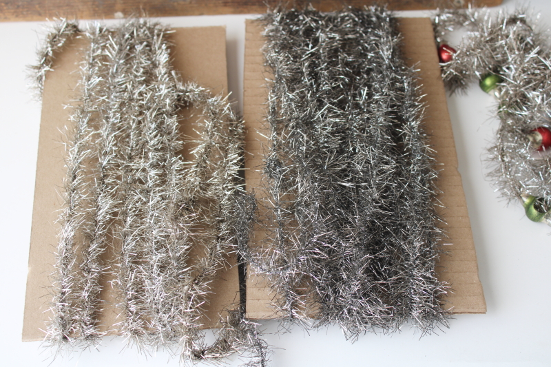 photo of antique Christmas tinsel garland with glass beads, early 1900s vintage feather tree decorations  #9
