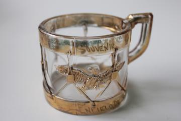 catalog photo of antique Civil war era pressed glass souvenir cup, drum w/ eagle tiny mug w/ original paint