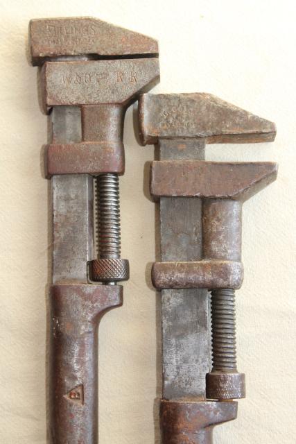 photo of antique Coes monkey wrenches, vintage Billings railroad wrench W&OI RR 1800s patent #5