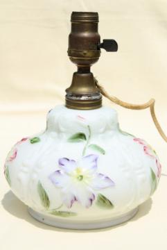 catalog photo of antique Consolidated glass lamp base, early electric vintage milk glass table lamp