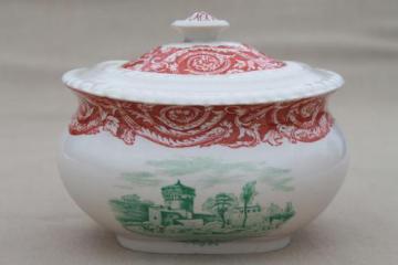 catalog photo of antique Copeland Spode china sugar bowl, aesthetic two color transferware red-brown & green