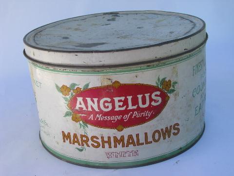 photo of antique Cracker-Jack Angelus Marshmallow tin, vintage advertising graphics #1