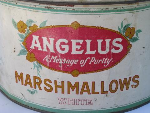 photo of antique Cracker-Jack Angelus Marshmallow tin, vintage advertising graphics #3