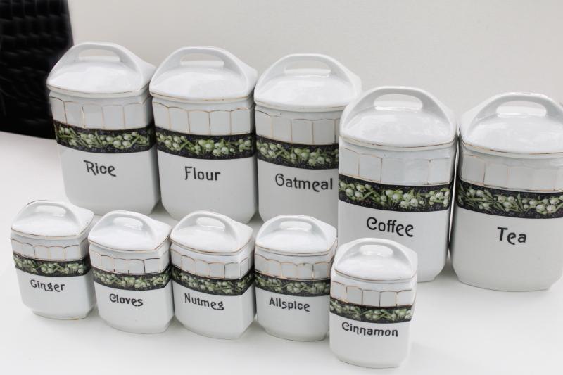 photo of antique Czech china canister jars & spice set, hoosier canisters lily of the valley #1