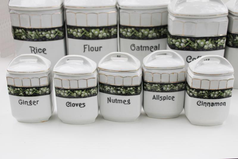 photo of antique Czech china canister jars & spice set, hoosier canisters lily of the valley #9