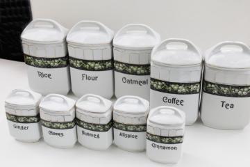 catalog photo of antique Czech china canister jars & spice set, hoosier canisters lily of the valley