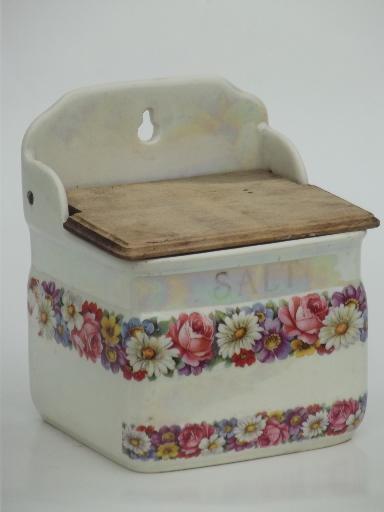 photo of antique Czech china salt box, shabby old porcelain wall box w/ wood lid #1