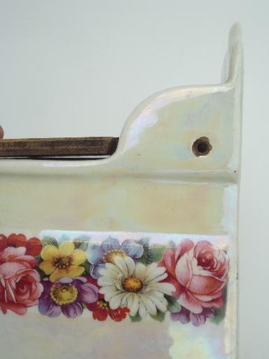 photo of antique Czech china salt box, shabby old porcelain wall box w/ wood lid #2