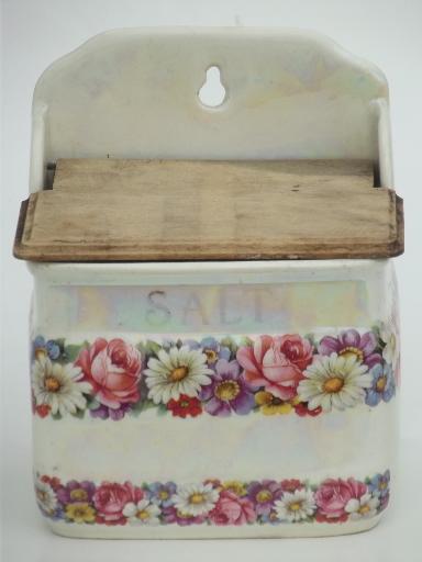 photo of antique Czech china salt box, shabby old porcelain wall box w/ wood lid #4