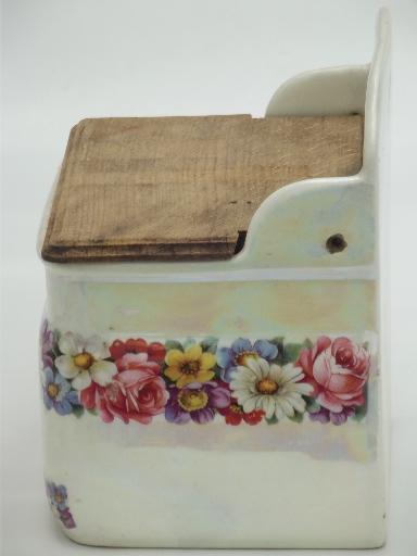 photo of antique Czech china salt box, shabby old porcelain wall box w/ wood lid #5